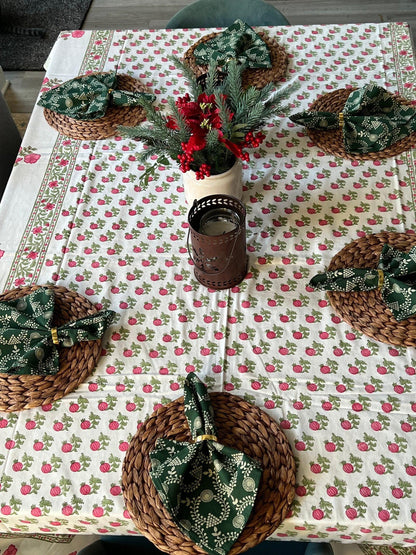 Red Floral Tablecloth, Block Print Cotton Table Linens