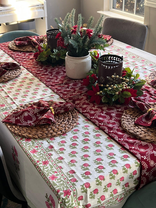 Red Floral Tablecloth, Block Print Cotton Table Linens