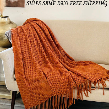 Crochet Rusted Throw Blanket: Boho Chic Sofa Decor