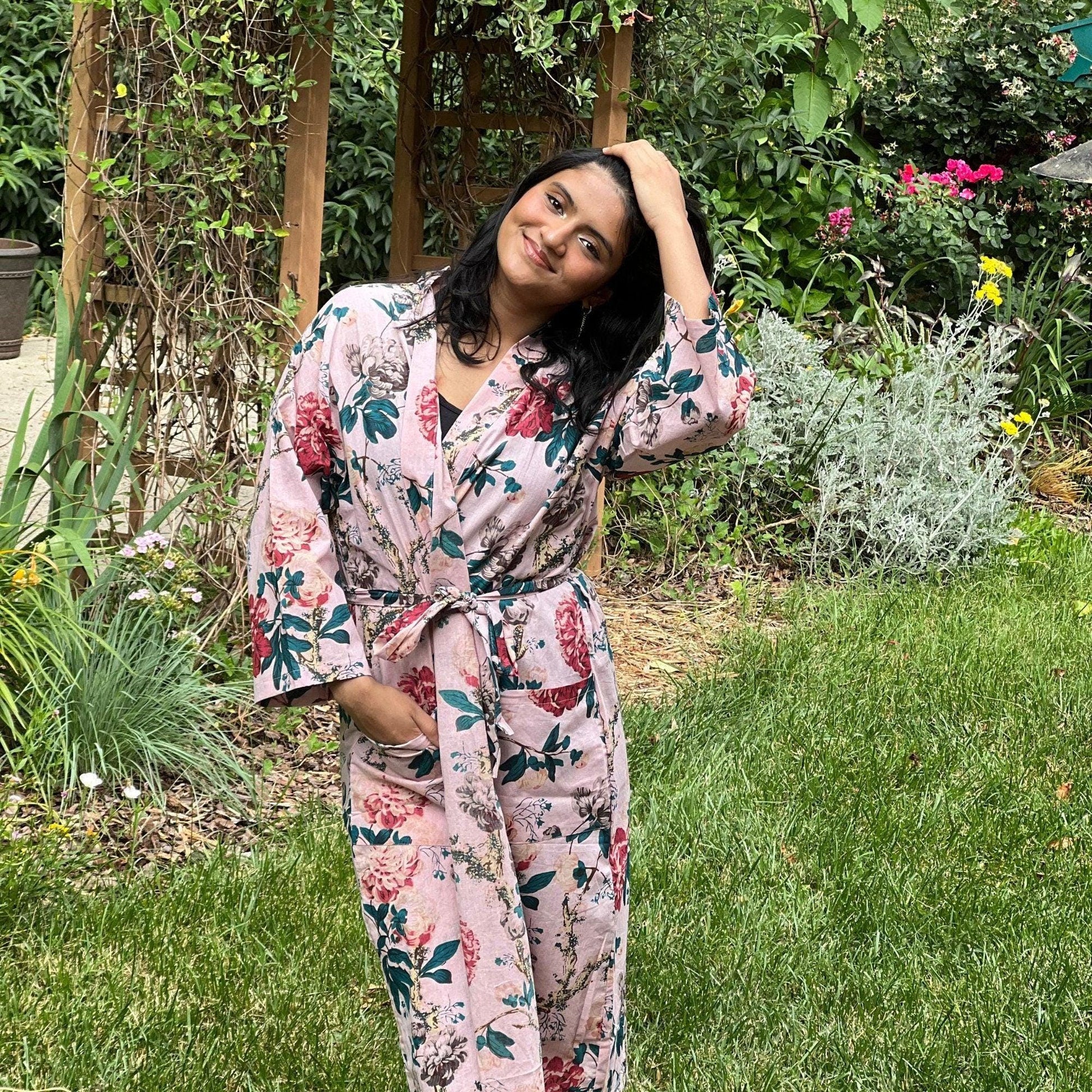Pink Floral Cotton Kimono Robe: Lightweight Summer Beach Coverup