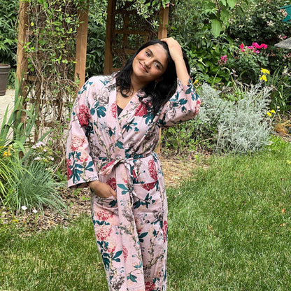 Pink Floral Cotton Kimono Robe: Lightweight Summer Beach Coverup