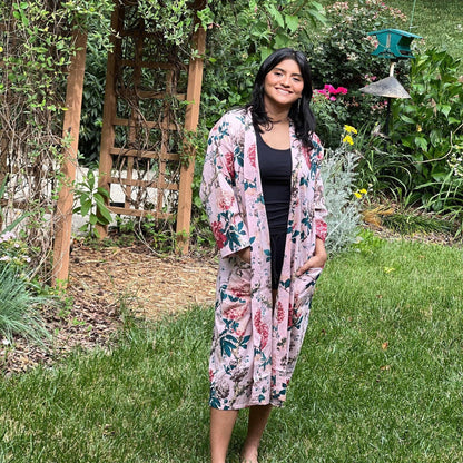 Pink Floral Cotton Kimono Robe: Lightweight Summer Beach Coverup