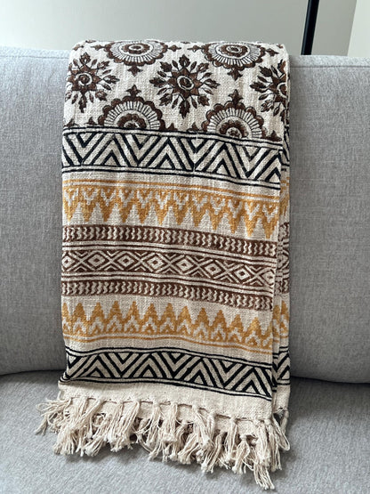 Handmade Floral Block Print Throw Blanket: Boho Tassel Cotton Sofa Decor
