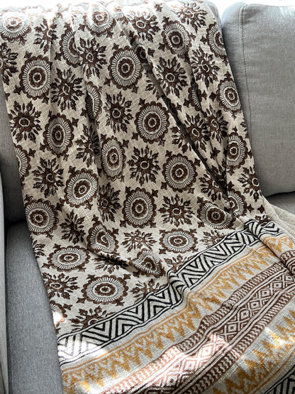 Handmade Floral Block Print Throw Blanket: Boho Tassel Cotton Sofa Decor