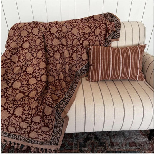 Red Vintage Handmade Throw Floral Block Print Throw Blanket: Boho Tassel Cotton Sofa Decor