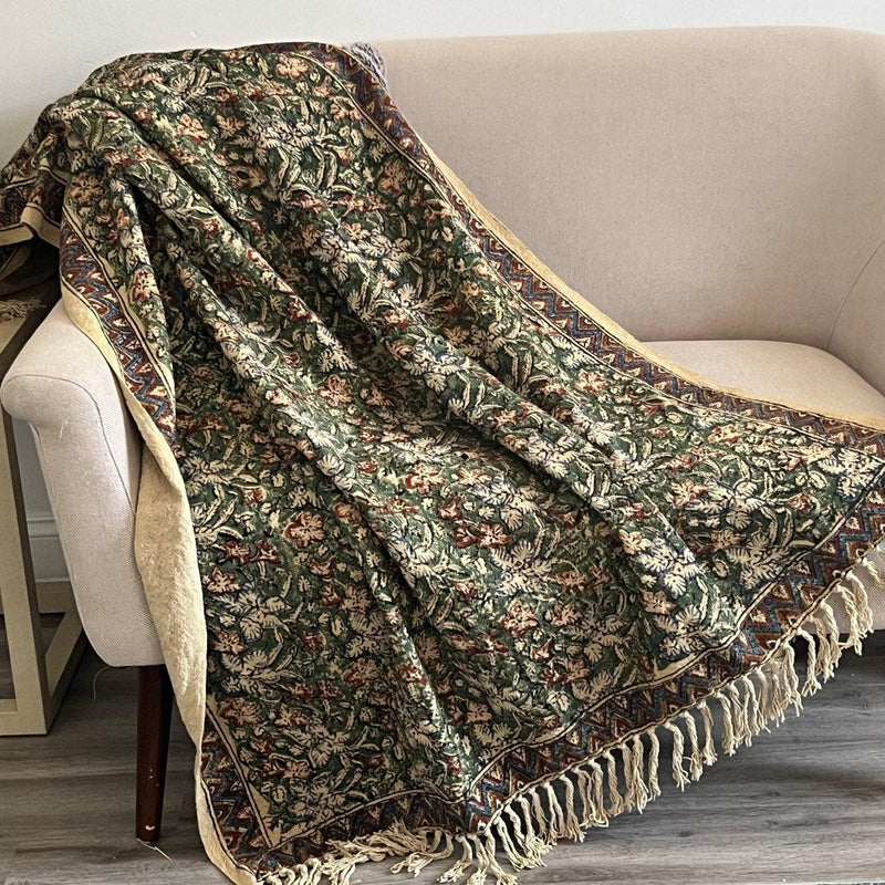 Moss Green Handmade Floral Throw Blanket, Boho Farmhouse Home Decor