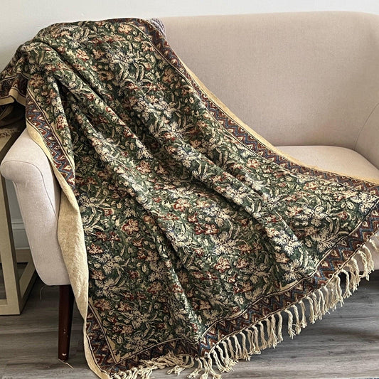 Handmade Moss Green Cotton Throw Blanket, Vintage Floral Block Print (50x70)