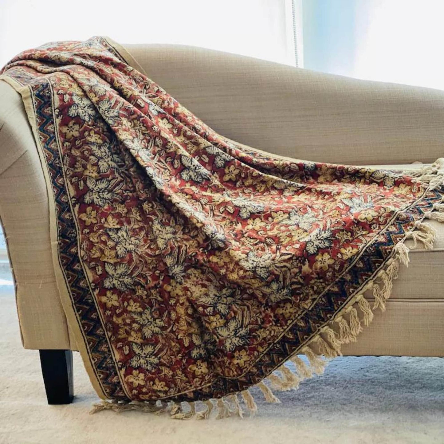 Handmade Moss Green Floral Throw Blanket, Boho Farmhouse Decor