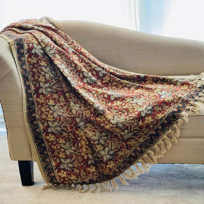 Handmade Moss Green Cotton Throw Blanket, Vintage Floral Block Print (50x70)