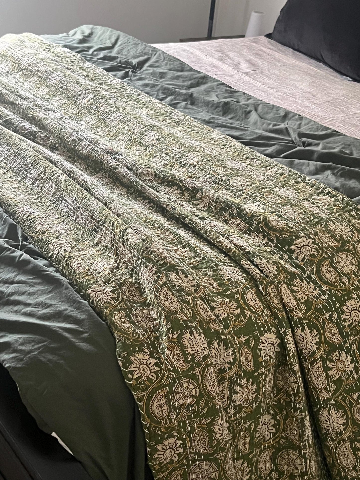 Green Cotton Kantha Quilt, Hand Block Print Coverlet