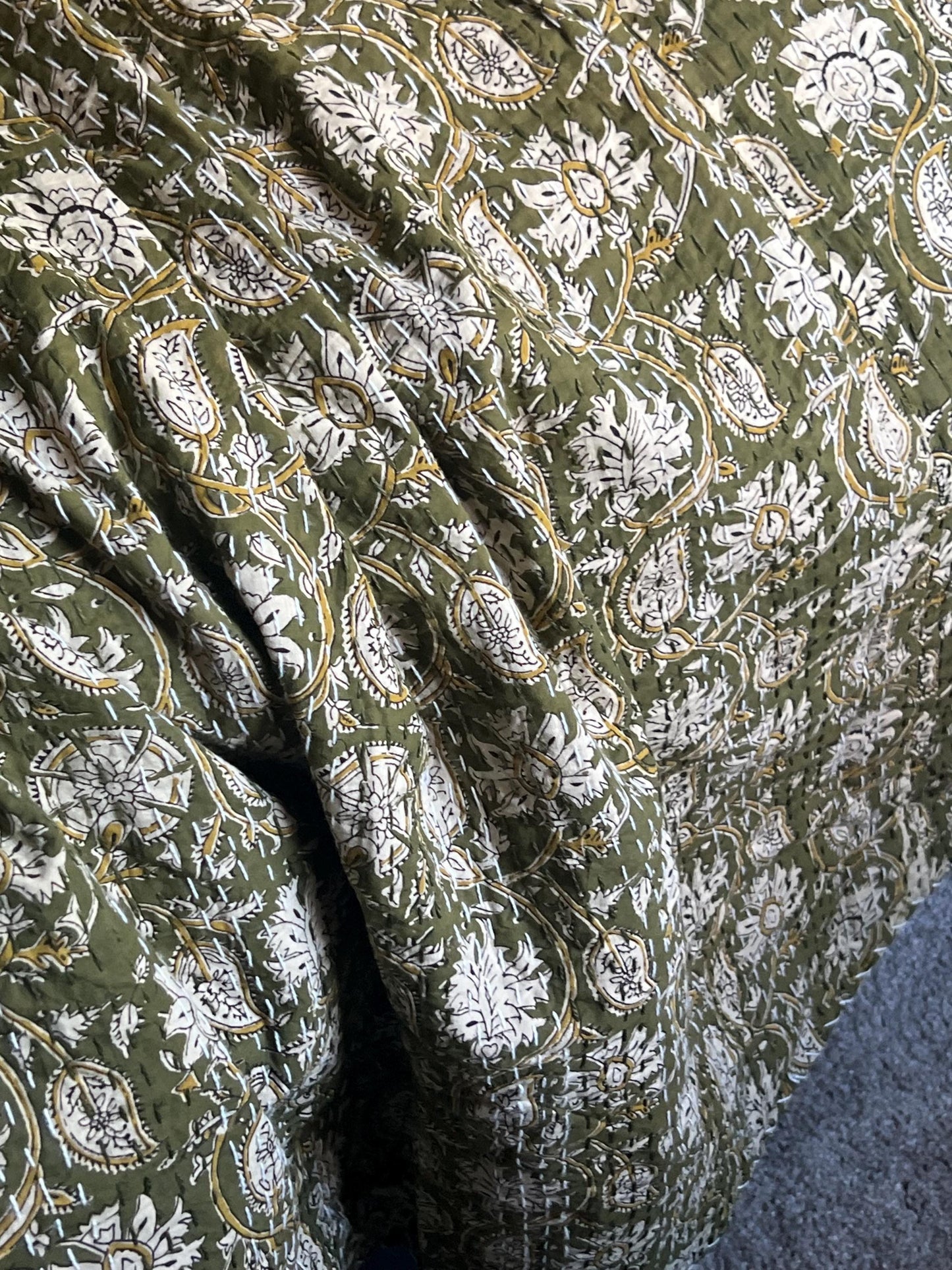 Green Cotton Kantha Quilt, Hand Block Print Coverlet