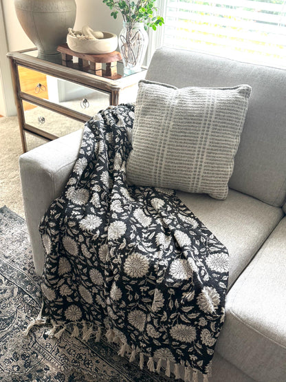 Handmade Block Print Floral Throw Blanket: Cotton Woven Blanket with Tassels