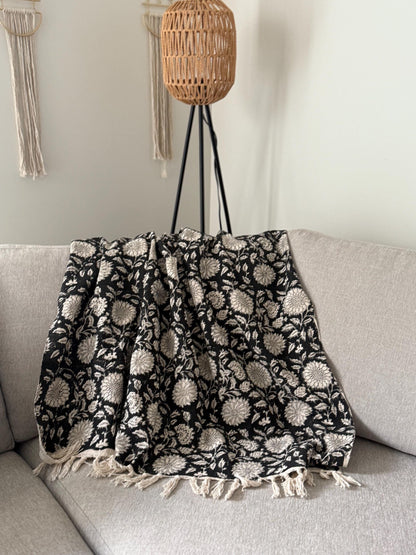 Handmade Block Print Floral Throw Blanket: Cotton Woven Blanket with Tassels