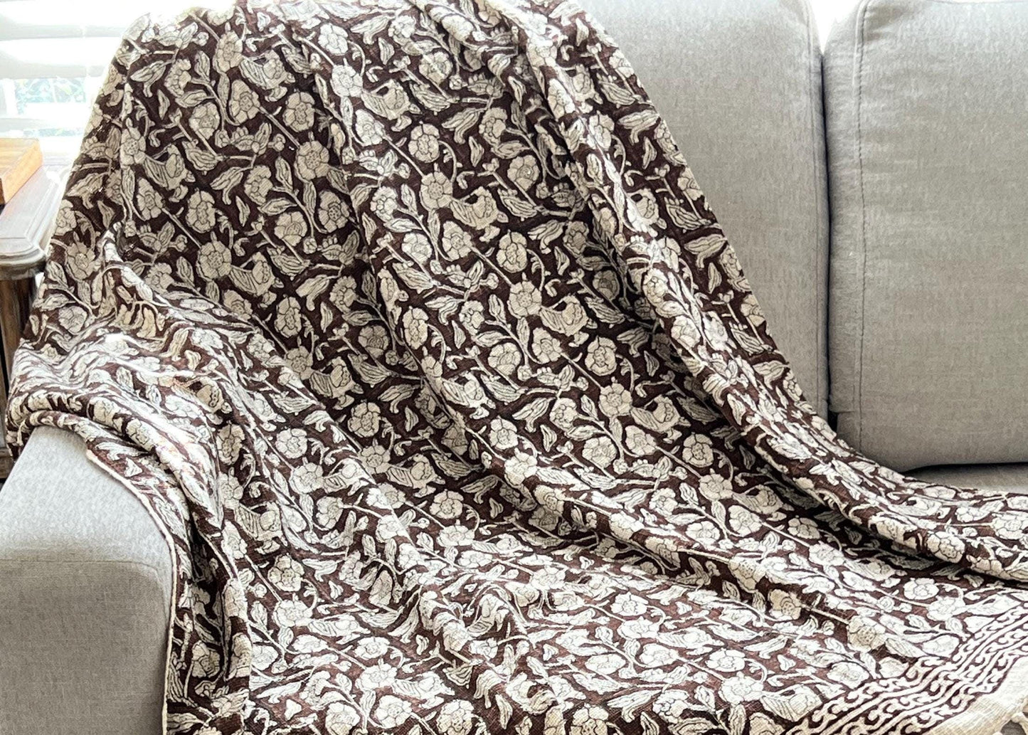 Hand Block Print Cotton Throw Blanket: Brown Floral with Tassels