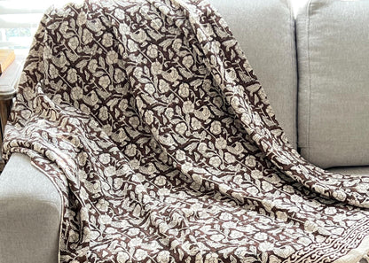 Hand Block Print Cotton Throw Blanket: Brown Floral with Tassels