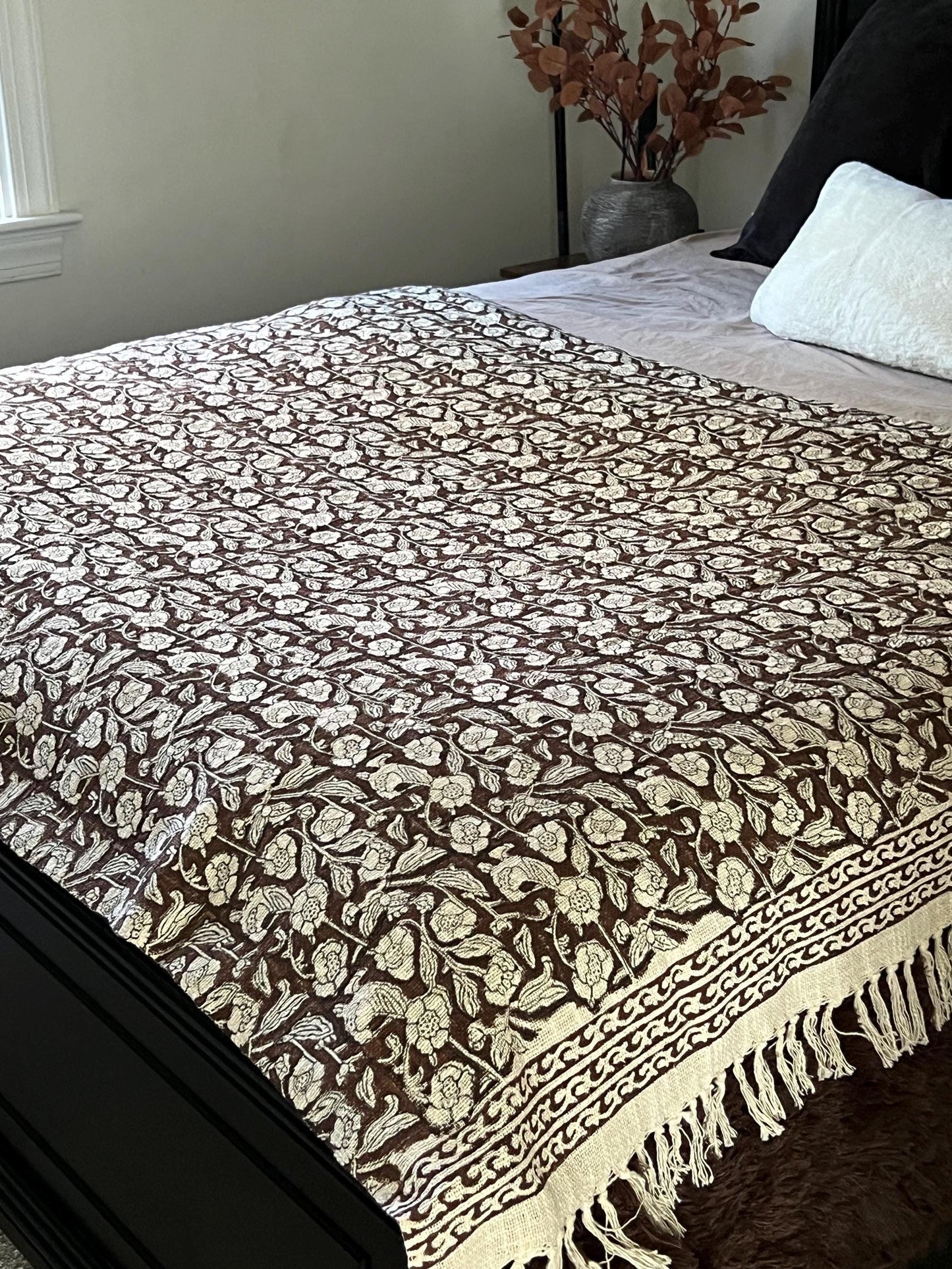 Hand Block Print Cotton Throw Blanket: Brown Floral with Tassels