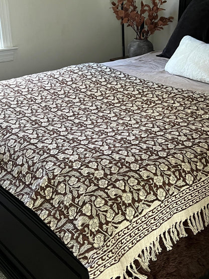 Hand Block Print Cotton Throw Blanket: Brown Floral with Tassels
