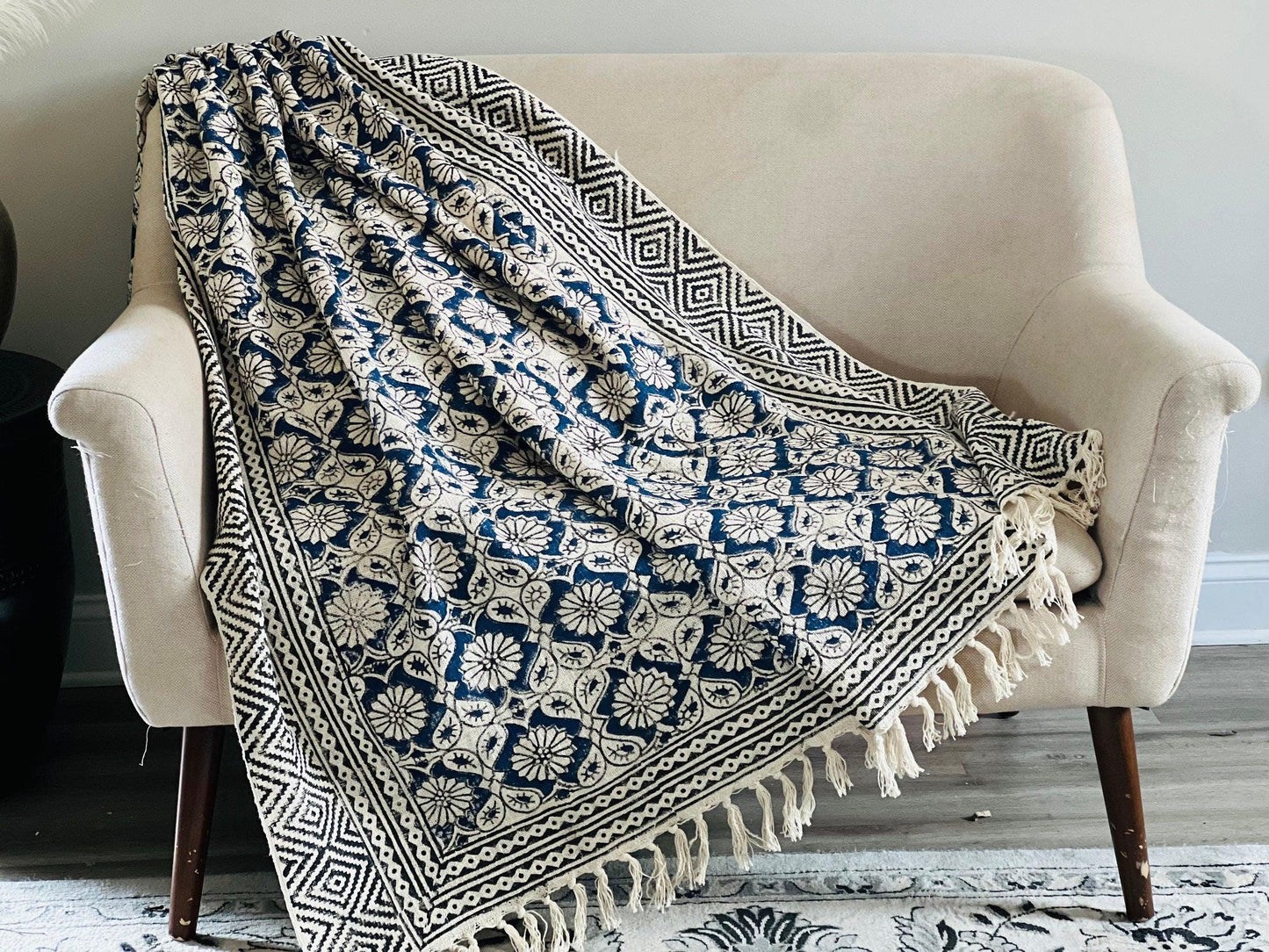 Blue Floral Block Print Cotton Throw Blanket: Boho Decor (50x70)