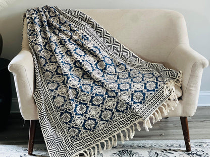 Blue Floral Block Print Cotton Throw Blanket: Boho Decor (50x70)