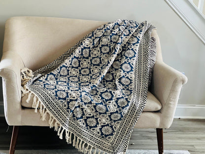 Blue Floral Block Print Cotton Throw Blanket: Boho Decor (50x70)