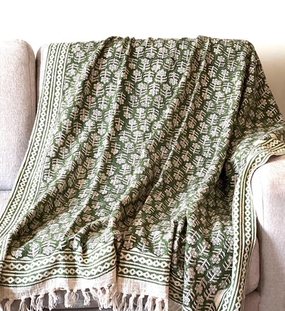 Green Floral Block Print Throw Blanket with Tassels