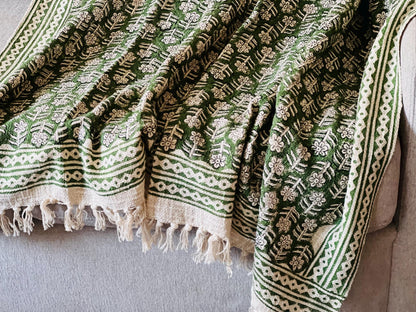 Green Floral Block Print Throw Blanket with Tassels