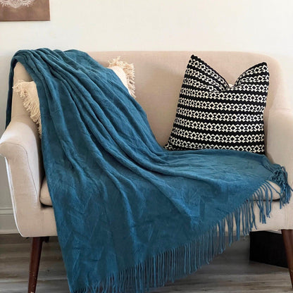 Burnt Orange Knit Throw Blanket, Rustic Nordic Fringe