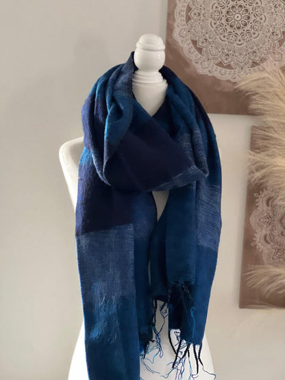 Extra Soft Yak Wool Scarf Himalayan Blue Navy ,Hand Loomed Shawl