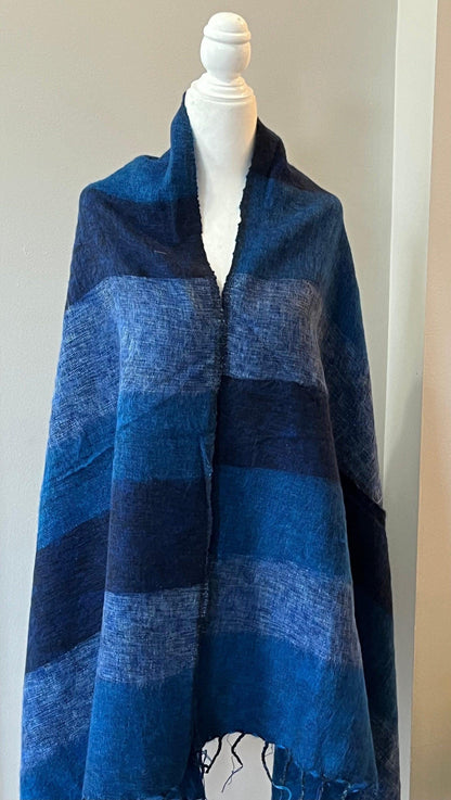 Extra Soft Yak Wool Scarf Himalayan Blue Navy ,Hand Loomed Shawl