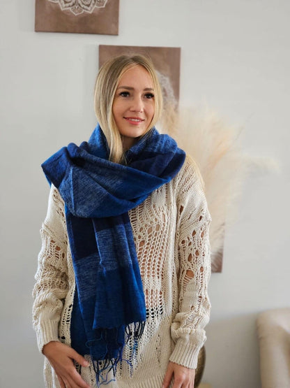 Extra Soft Yak Wool Scarf Himalayan Blue Navy ,Hand Loomed Shawl
