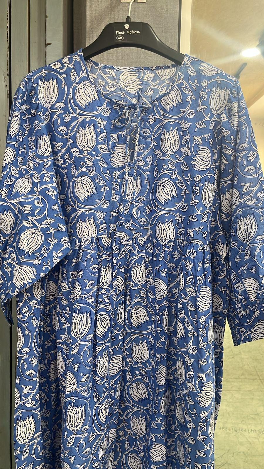 Blue Floral Block Print Cotton Midi Dress - Boho Summer Dress