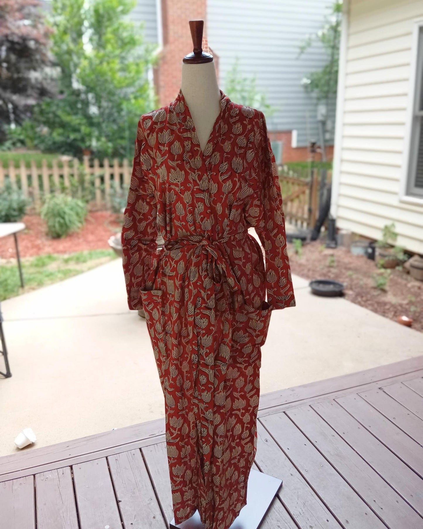 Floral Cotton Kimono Robe: Red & Blue Block Print Beach Cover-Up