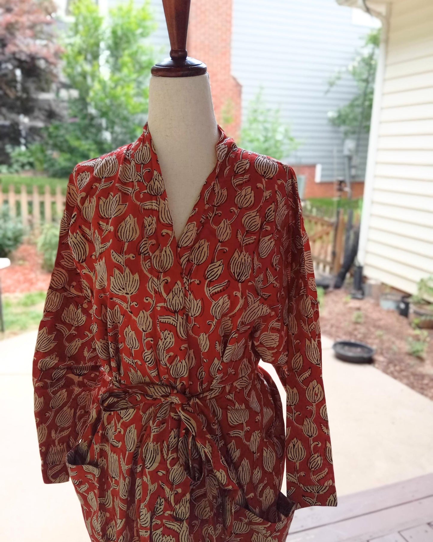 Red India Block Print Cotton Kimono Robe: Boho Floral Dressing Gown
