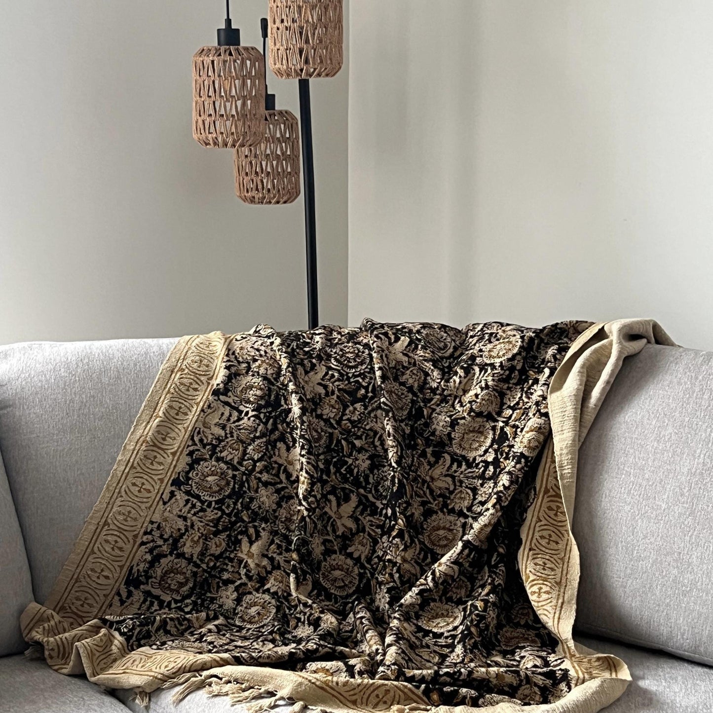 Handmade Boho Throw Blanket: Hand Block Print Cotton with Tassels