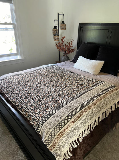 Handmade Block Print Cotton Throw Blanket: Boho Home Decor (50x70)