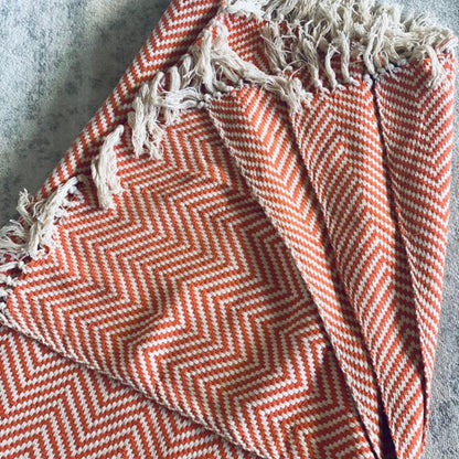 Hand Loomed Orange Chevron Throw Blanket, Boho Home Decor