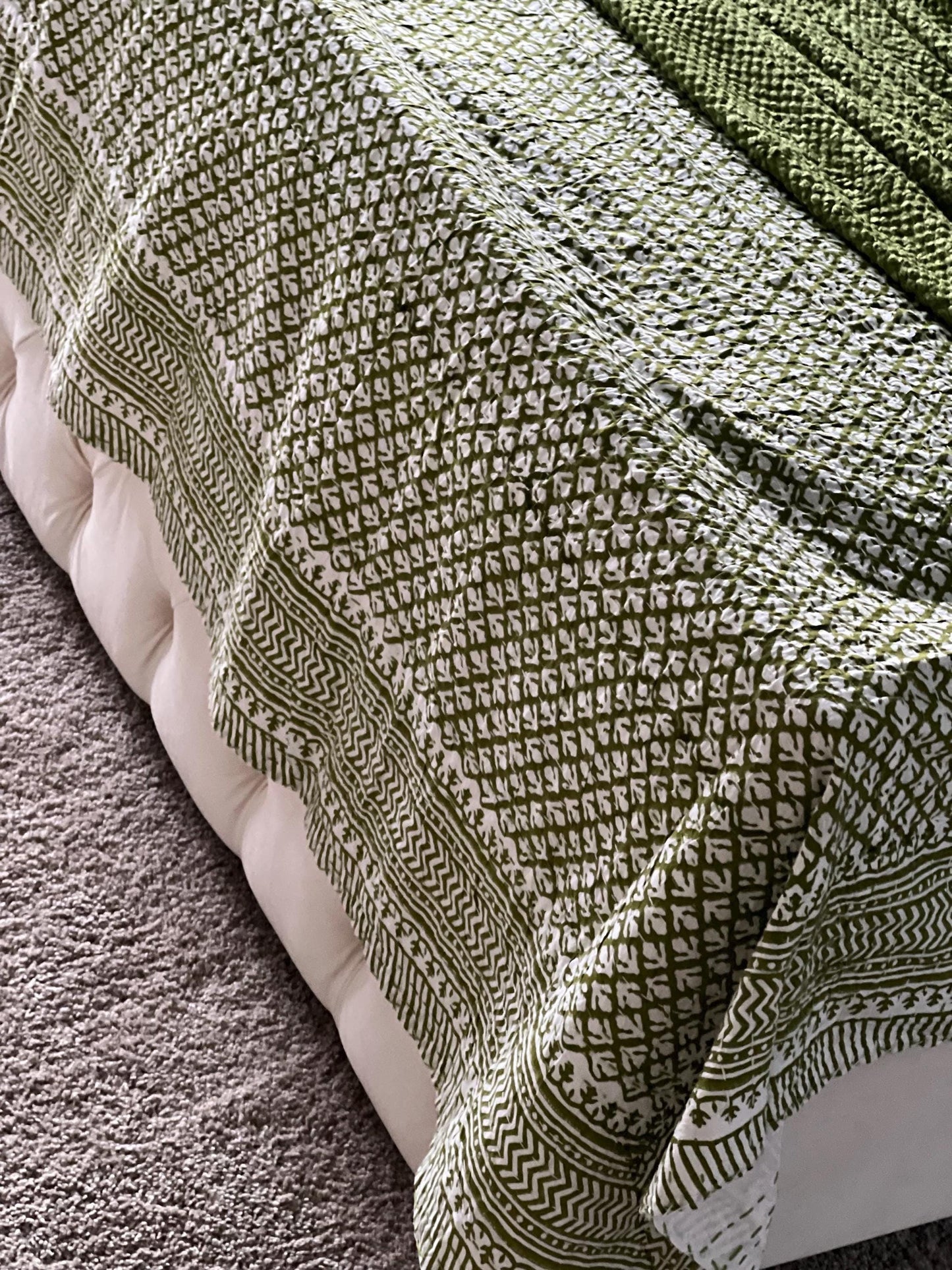 King Size Cotton Kantha Quilt: Floral Block Print Boho Throw