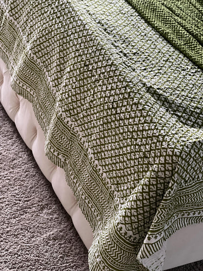 King Size Cotton Kantha Quilt: Floral Block Print Boho Throw