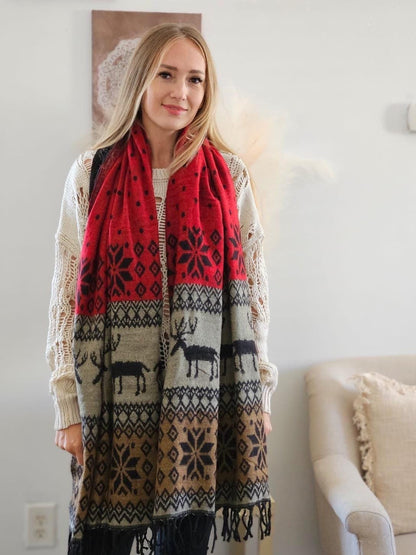 Red Handmade Yak Wool Reindeer Scarf: Himalayan Winter Shawl