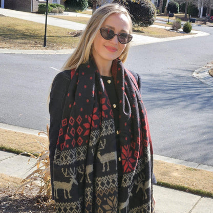 Red Handmade Yak Wool Reindeer Scarf: Himalayan Winter Shawl