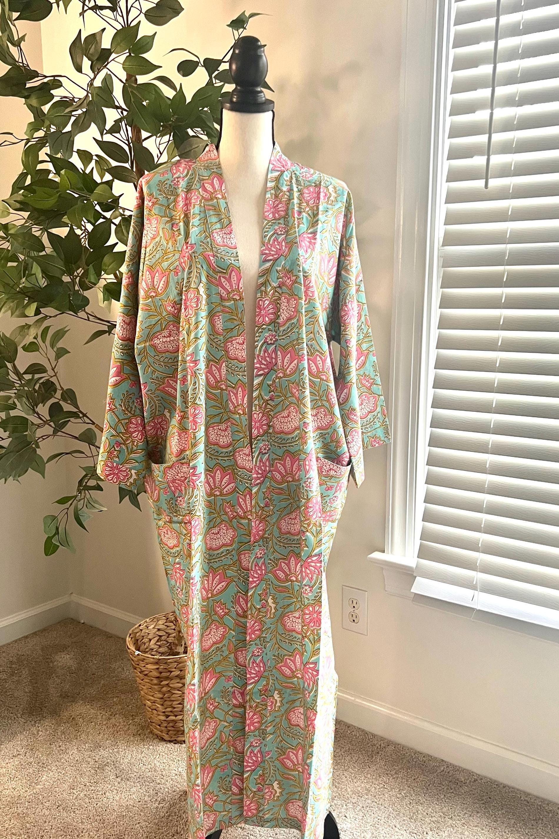 Cotton Block Print Robe, Ankle Length Floral Dressing Gown