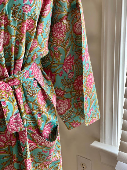 Cotton Block Print Robe, Ankle Length Floral Dressing Gown