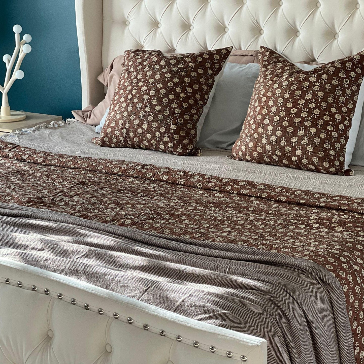 Dark Brown Floral Kantha Quilt Throw Blanket Available in King and Queen Size - Block Print Bedspread Boho Bedding Best Housewarming Gift