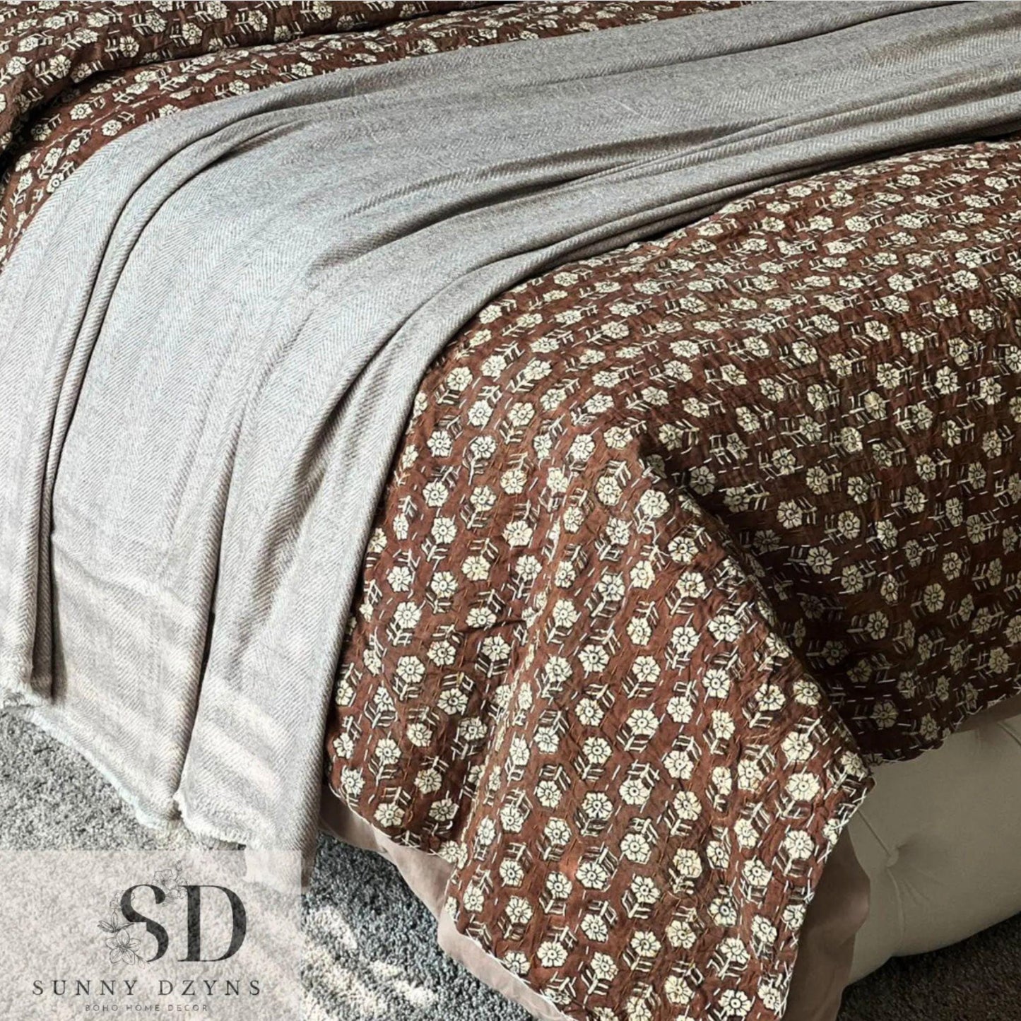 Dark Brown Floral Kantha Quilt Throw Blanket Available in King and Queen Size - Block Print Bedspread Boho Bedding Best Housewarming Gift
