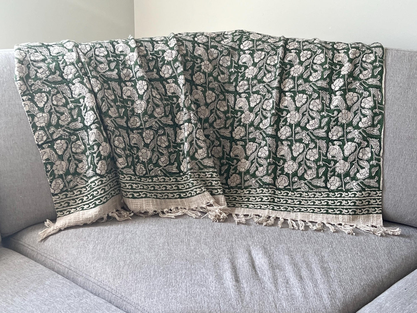 Green Floral Soft Throw Blanket, Hand Block Printed Cotton with Tassels