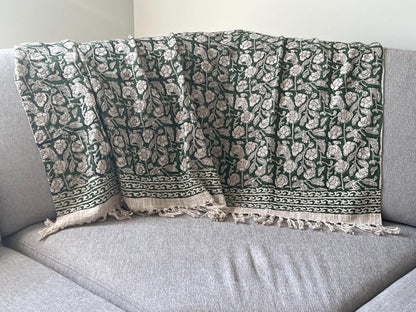 Green Floral Soft Throw Blanket, Hand Block Printed Cotton with Tassels