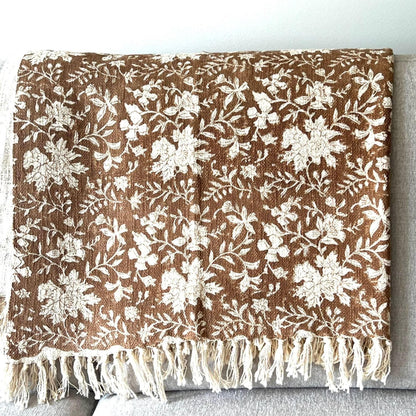 Brown Block Print Cotton Throw Blanket, Mud Cloth Style