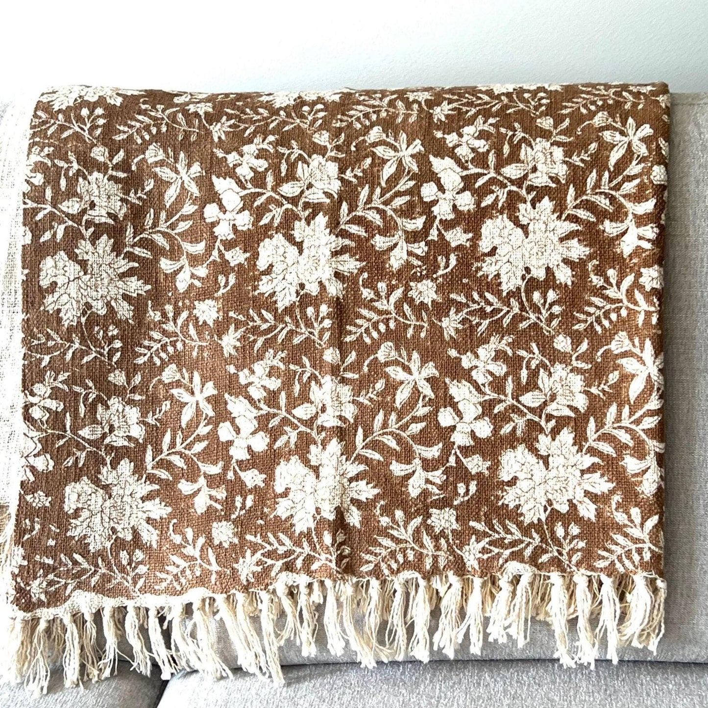 Brown floral throw blanket Neutral Home Decor, Hand block printed floral blanket, Queen Bedspread King Size Bed Throw, Gift for friend