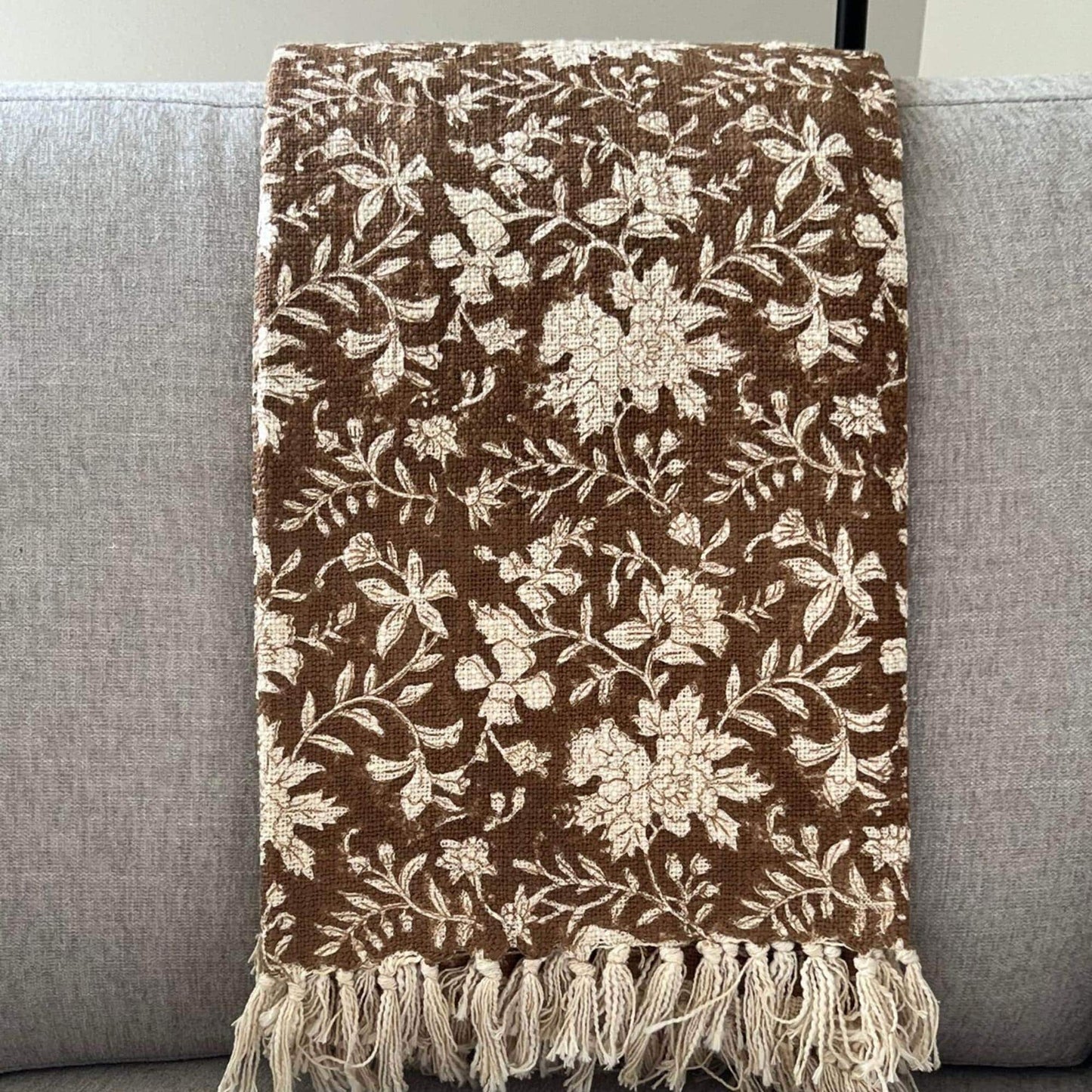 Brown boho throw blanket with tassels Hand block printed throw for sofa and bed room decor