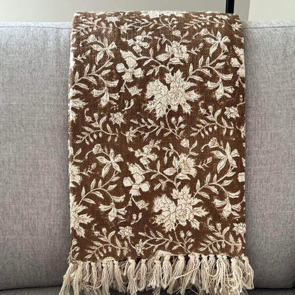 Brown Block Print Cotton Throw Blanket, Mud Cloth Style